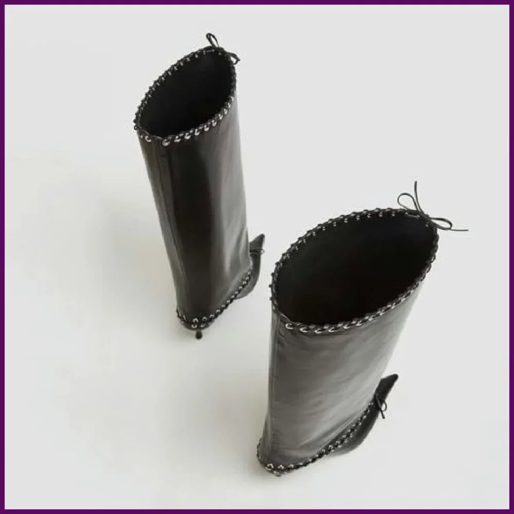 Metal Eyelet Pointed Toe Knee High Boots Wide Calf Kitten Heel Lace Up - Picture 8 of 8